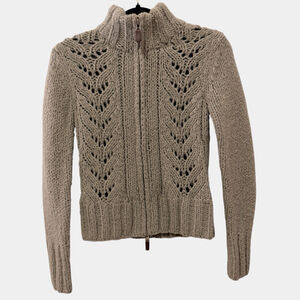 Kenji Wool Blend Chunky Knit Zip Cardigan Sweater Tan Small Cottagecore